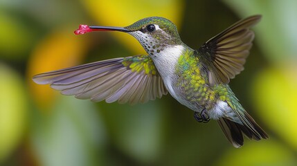 Fototapeta premium A hummingbird in flight, feeding from a red flower, against a blurred yellow and green background.