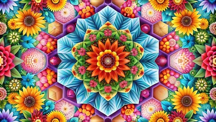 Vibrant Geometric Floral Explosion with Color Gradients for Modern Art and Decorative Branding