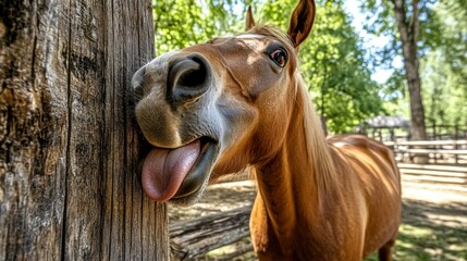 Naklejka premium Funny Horse Sticking Out Tongue: A cute and funny picture of a horse sticking its tongue out.