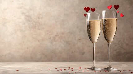 Romantic champagne glasses with floating hearts on a beige background