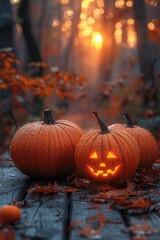 Naklejka premium A row of glowing Halloween pumpkins on an old wooden table, with a misty forest and sunset creating an eerie backdrop, perfect for Halloween-themed visuals, with copy space