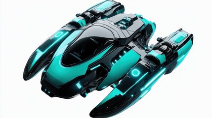 Futuristic black and teal spaceship design, isolated on white background.