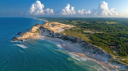 Aerial coastal beach dunes, waves, resort, lush forest, clouds