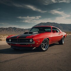 A modernized classic muscle car in bright red with black racing stripes and wide tires.
