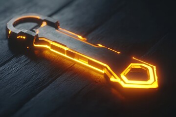 Unique glowing wrench design on dark wooden surface showcasing modern aesthetics and craftsmanship