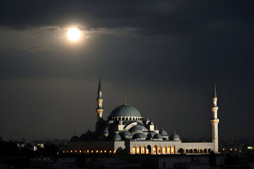 Mosque illuminated at night with the moon shining above