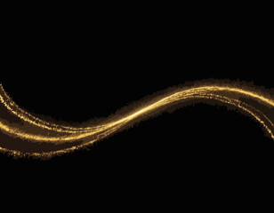 Set golden shimmering waves with light effect isolated on black background. Gold glittering star dust trail. Magic motion swirl lines.