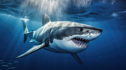 Fototapeta premium Close-up of a shark underwater showcasing its powerful presence and sharp features in a deep blue aquatic environment. World Oceans Day. Shark Awareness Day. Earth Day.