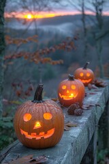A Halloween setup with glowing pumpkins on an old wooden table, the eerie sunset and foggy forest in the background enhancing the spooky vibe, with copy space