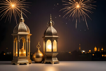 Fototapeta premium Ornate lanterns glowing with fireworks celebrating ramadan kareem