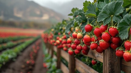 Obraz premium Ripe strawberries growing on a farm fence, hillside background, agricultural harvest