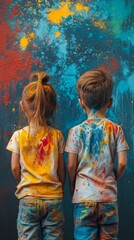 Fototapeta premium Two kids smiling covered in colorful paint at a creative art session indoors