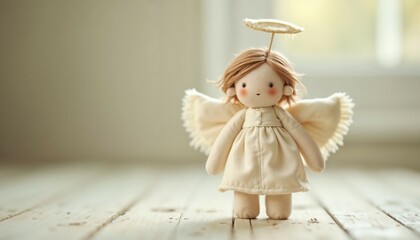 Fototapeta premium Cute angel doll with a gentle expression standing on a wooden floor near a window