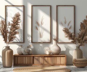 Elegant Minimalist Design with White Picture Frames on Wooden Sideboard