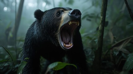 A Spectacled Bear roars in a misty rainforest, showcasing its teeth and powerful presence.