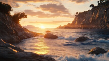 Obraz premium Serene Sunset Over Rocky Cliffs and Crashing Waves