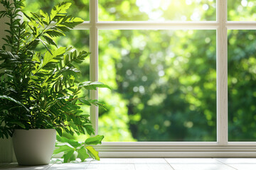 Fototapeta premium bright room with window showcasing lush green plants, creating serene atmosphere filled with natural light. vibrant greenery enhances peaceful ambiance