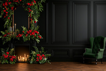 Fototapeta premium luxurious interior featuring black wall adorned with vibrant red roses and greenery, complemented by green velvet chair and candles, creating elegant atmosphere