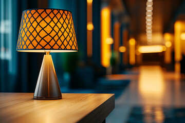 modern hotel interior featuring stylish lamp on wooden table, creating warm ambiance with soft lighting. blurred background enhances cozy atmosphere