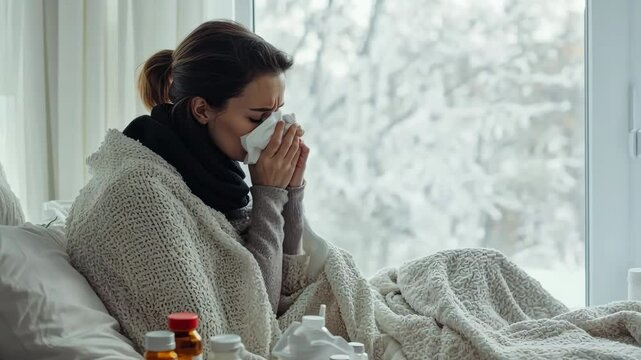 Young sick woman with cold or flue sitting on grey couch, holding a tissue to clear, blowing runny nose. Sneezing Girl under gray plaid blanket with handkerchief to dripping nose, blowing snot at home