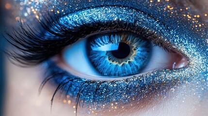 Obraz premium A close-up of a striking eye adorned with blue glitter and makeup, emphasizing beauty.
