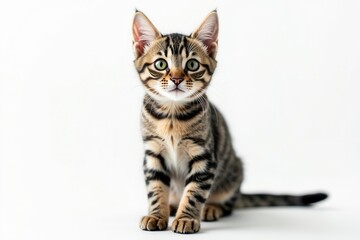 Fototapeta premium Adorable American Shorthair kitten with striking tabby markings isolated on a clean white background perfect for pet lovers