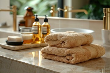 Scandinavian Bathroom with Towels and Soap Bottle – Warm Beige Interior Design