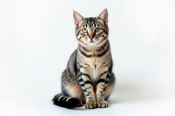 Obraz premium Studio portrait of an American Shorthair cat with striking tabby stripes on a white backdrop