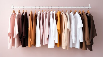 A colorful collection of shirts in bold and pastel tones neatly arranged on wooden hangers. National Thrift Shop Day. World Color Day.