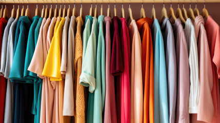 A colorful collection of shirts in bold and pastel tones neatly arranged on wooden hangers. National Thrift Shop Day. World Color Day. Wardrobe organization services. Second hand shops. 