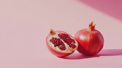 Fresh pomegranate half on soft pink background with seeds visible and natural light highlighting texture