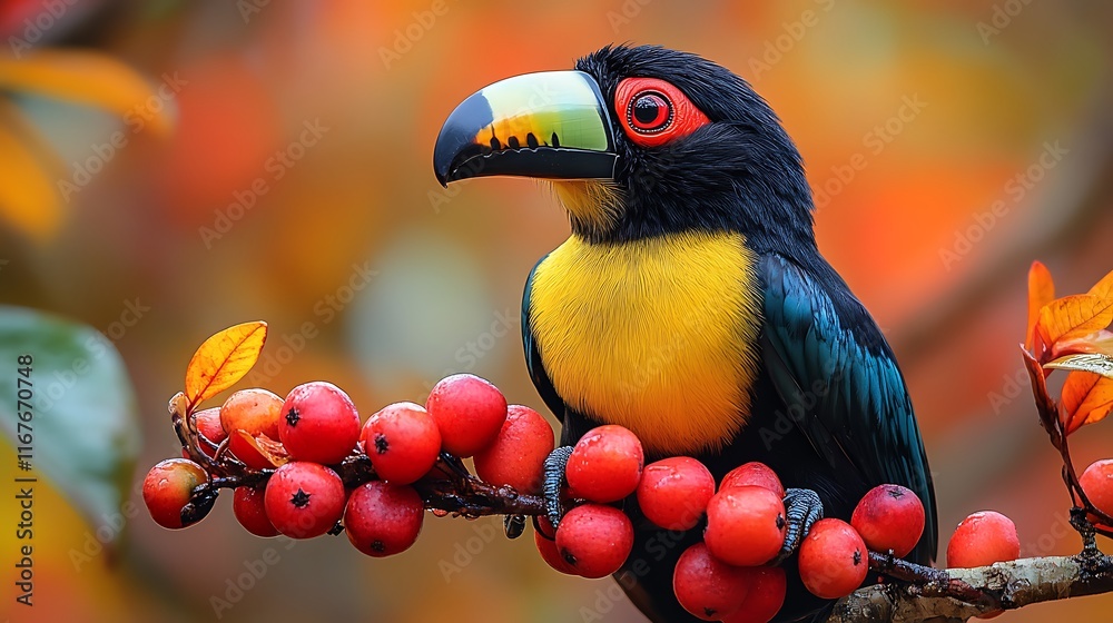 Wall mural Collared Aracari Pteroglossus torquatus small toucan striking plumage feeding on tropical fruit against a bright rainforest canopy