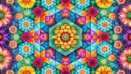 Vibrant Geometric Floral Explosion with Color Gradients for Modern Art and Decorative Branding