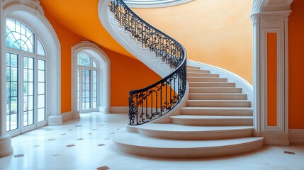 Elegant white marble spiral staircase in an orange-walled hallway with large windows.
