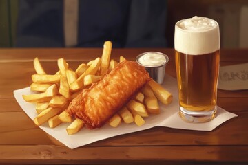 Delicious fish and chips served with beer on a wooden table in a cozy setting