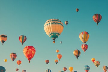 Obraz premium Colorful balloons float in a bright sky above a festive gathering on a sunny day