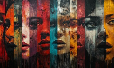 Abstract painted faces, colorful, vertical stripes.