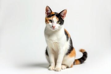 Stunning Calico Japanese Bobtail Cat Portrait on White Background for Pet or Animal Product Marketing