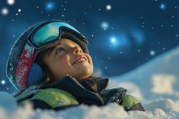 Happy child lying in snow looking at stars after skiing session