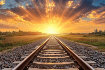 Fototapeta premium Majestic sunrise over railroad tracks stretching through countryside