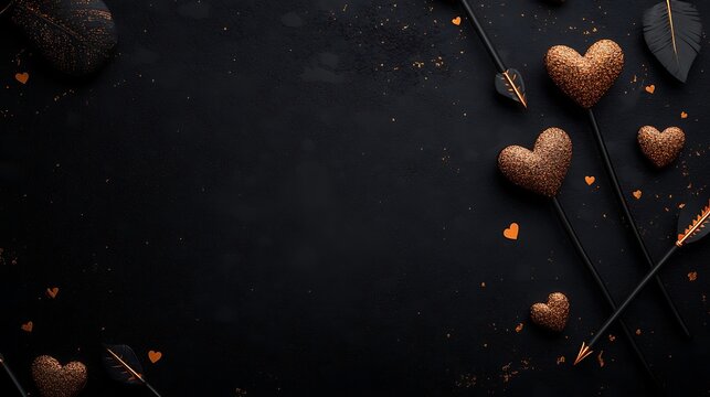 Golden cupid arrows and hearts on a dark gradient surface