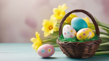 easter eggs in a basket with flowers