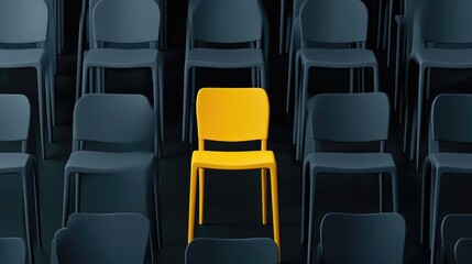 Fototapeta premium A single yellow chair stands out among many dark chairs, symbolizing uniqueness and individuality.