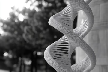 Modern sculpture representing DNA spirals displayed outdoors amidst blurred trees and serene...