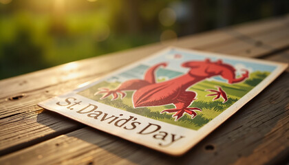 Vintage St. David's Day postcard on wooden table, celebration of heritage