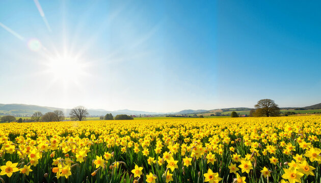 Vibrant daffodil field under clear blue sky, springtime beauty