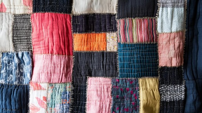 Colorful patchwork textile, hand-stitched, varied textures.