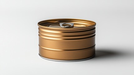 Gold metal can with easy-open lid on white background.