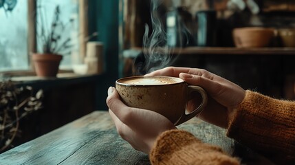 A photostock image of hands holding a steaming cup of coffee in a rustic cafe.--ar 16:9