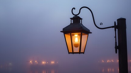 stock photo A vintage street lamp illuminated at dusk, silhouetted against an iridescent backlight,...